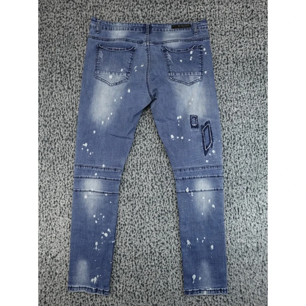 Black Premium Moto Skinny‎ Jeans Mens 34 Blue Good Distressed Paint Splatter
